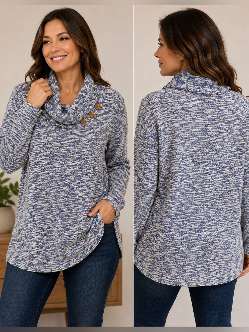 Cool Melon 2X Blue Cream Marled Cowl Neck Tunic Sweater